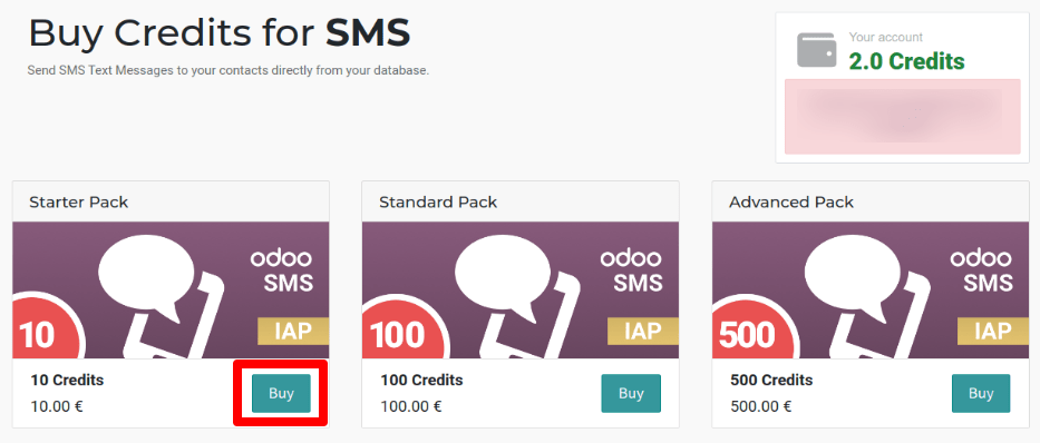 The SMS service page on IAP.Odoo.com with four packs of credits available for purchase.