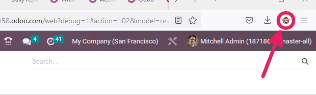 Google Chrome 工具栏中 Odoo 调试图标的视图。