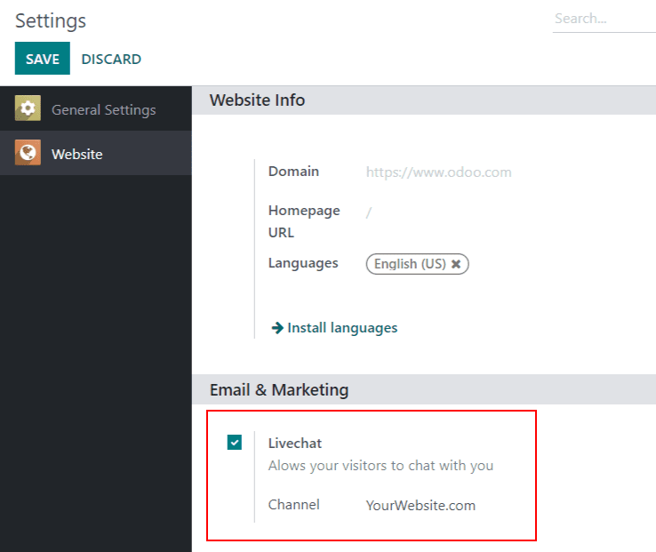 Odoo 实时聊天的设置页面和实时聊天功能视图。