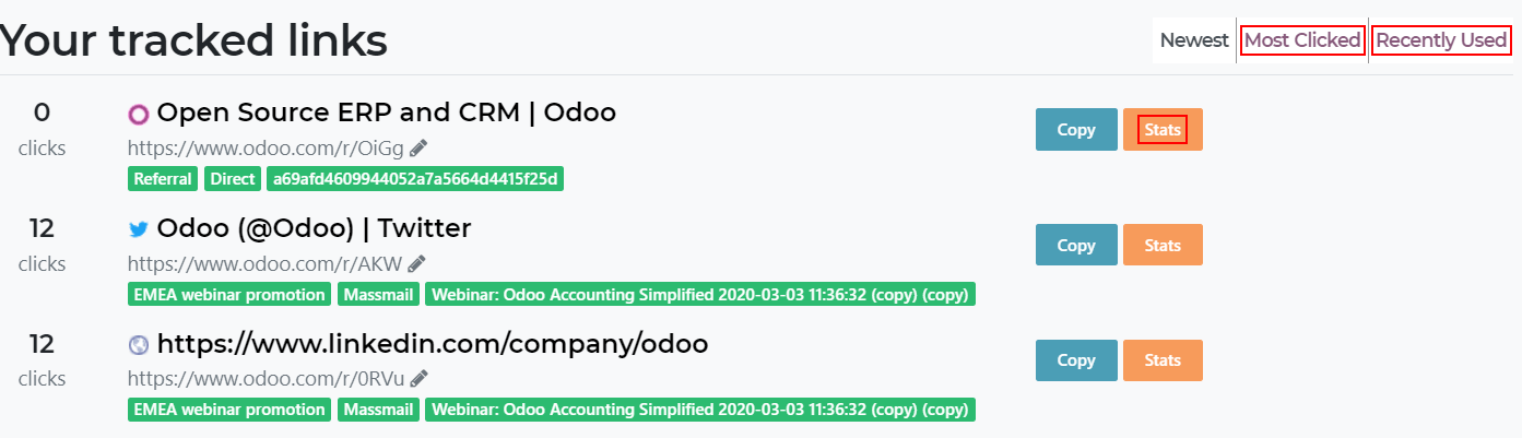 追踪列表视图,突出Odoo网站中的统计按钮
