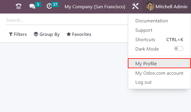 Odoo 中的 "我的资料" 选项视图。