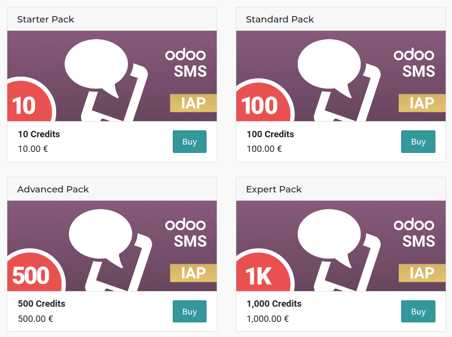 Four different packs of credits for the SMS IAP service.