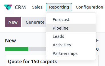 打开 CRM 应用程序,点击顶部的报告选项卡,然后点击管道。