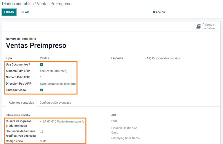 可在 Odoo 销售日记账中使用的 AFIP POS 系统字段。