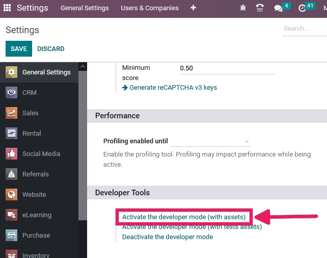 Odoo 设置下的调试选项概览。