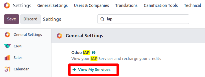 The Settings app showing the Odoo IAP heading and View My Services button.